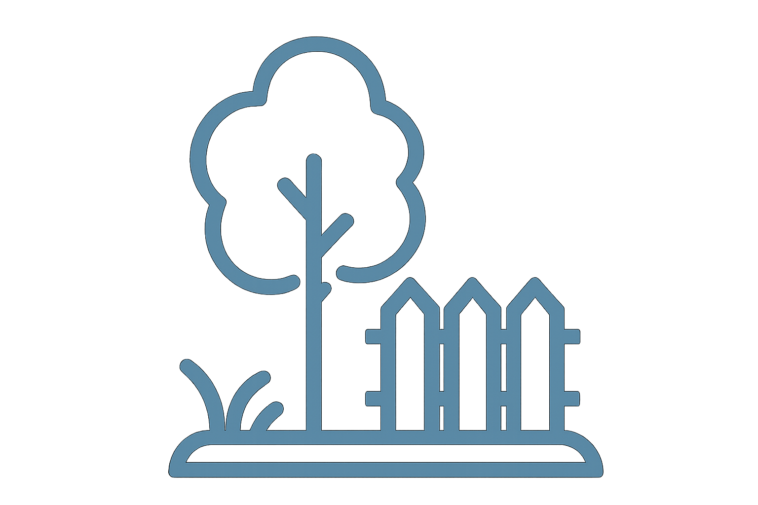 Tree, grass, and fence icon representing exterior landscaping and outdoor home features