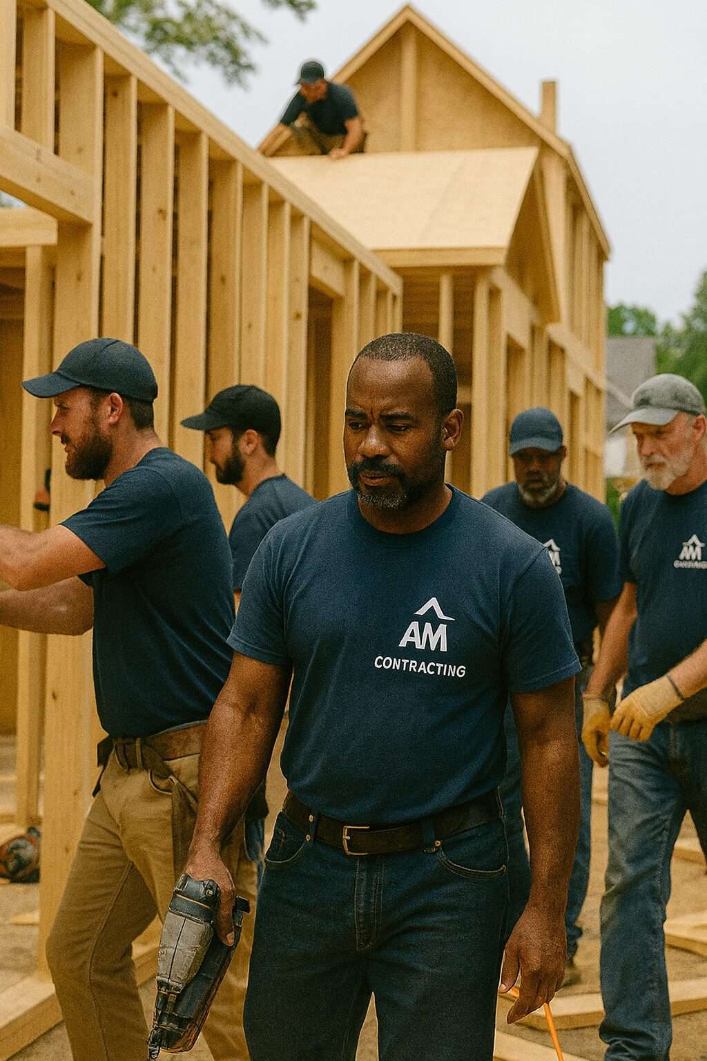 Seven construction workers of diverse ages and ethnicities wearing AM Contracting logo shirts, working on different tasks at a residential neighborhood home build.