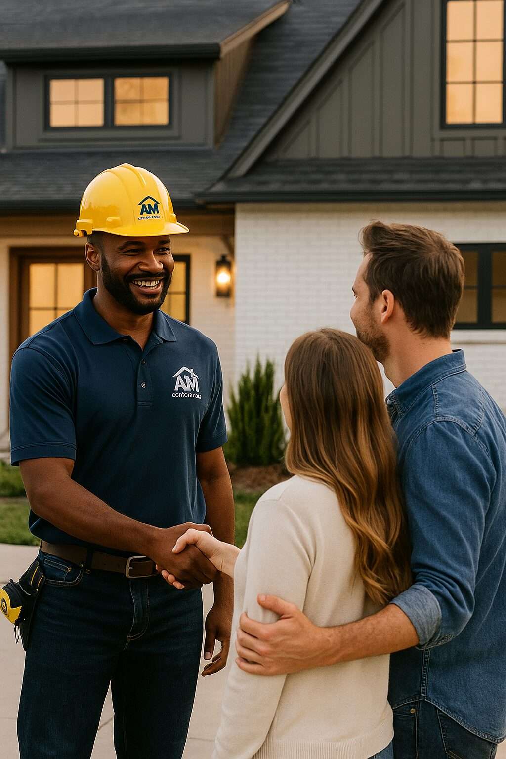 An African American contractor shakes hands with a white couple in front of a home under construction in Guilderland, NY, near Albany, showcasing professional homebuilding services in the Capital District.background.